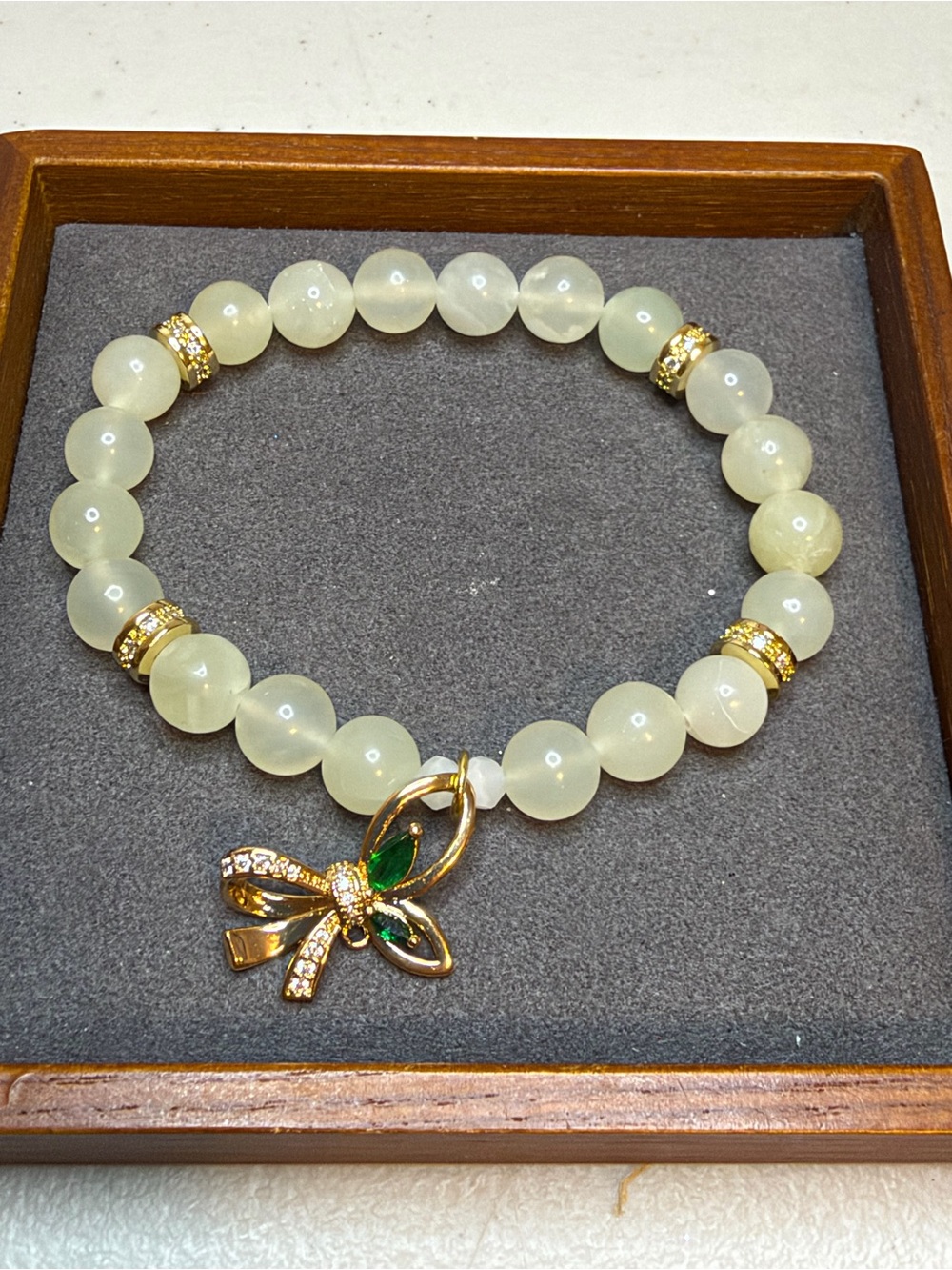 Gold Green Bow Charm Beaded Bracelet - Women Jewelry